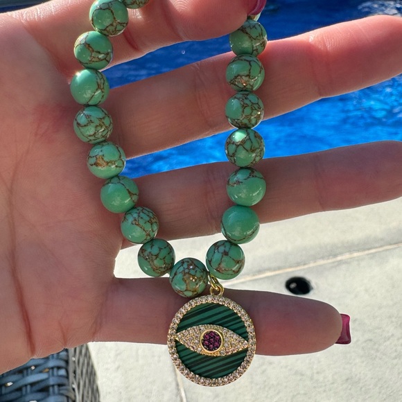 homemade Jewelry - Green Beaded Evil Eye Pendant Necklace